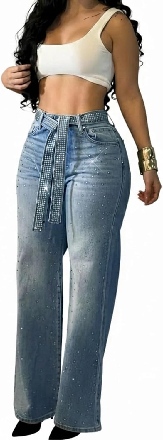 CHICME High Waisted Wide Leg Jeans for Women Rhinestone Embellished Denim Pants with Matching Sparkle Belt
