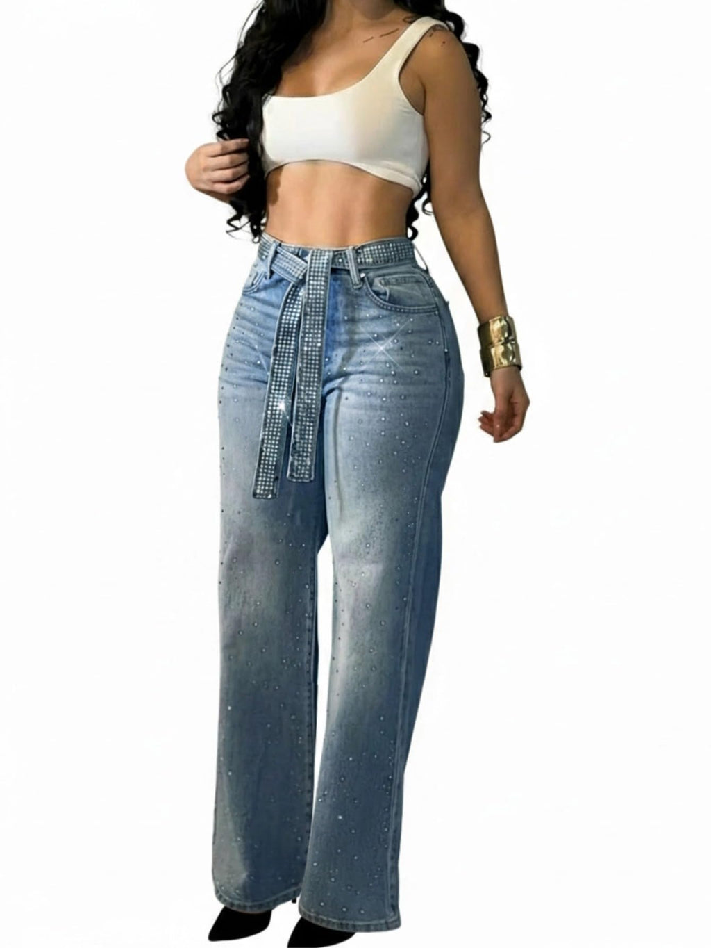 CHICME High Waisted Wide Leg Jeans for Women Rhinestone Embellished Denim Pants with Matching Sparkle Belt