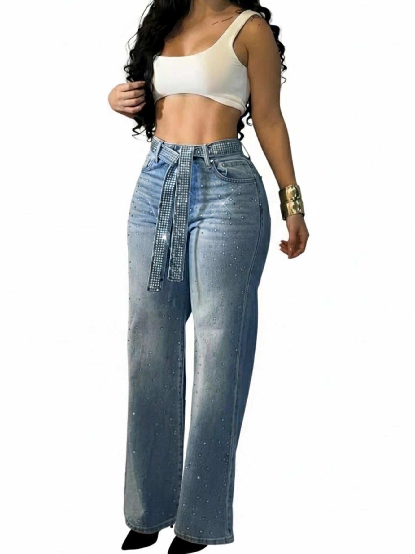 CHICME High Waisted Wide Leg Jeans for Women Rhinestone Embellished Denim Pants with Matching Sparkle Belt