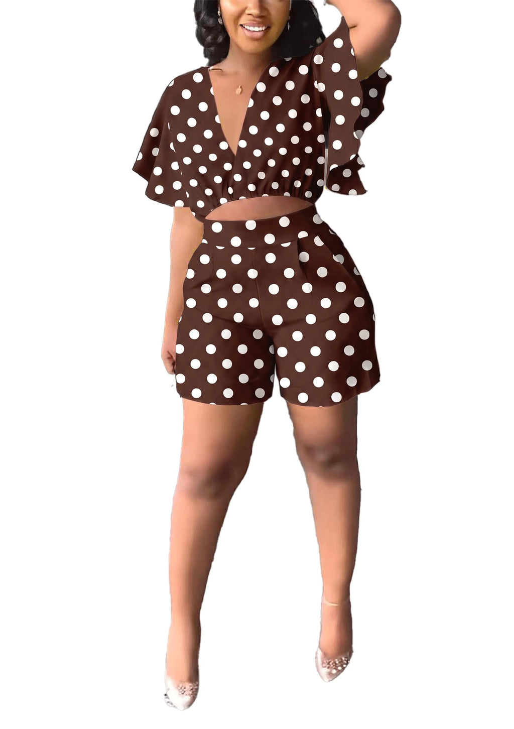 Womens Summer Two Piece Shorts Outfit Sexy Crop Top Butterfly Sleeve 2 pc Short Set Vacation Brunch Matching Set