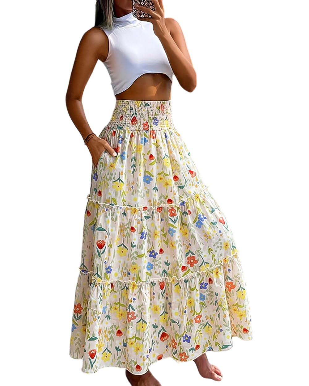 CHICME Women's Boho Floral Summer Maxi Skirt with Pockets Vacation Outfit | Shirred High Waist, Ruffle Hem, Lightweight Comfortable Fabric, A-Line Long Flowy Skirt for Beach, Travel & Daily Wear