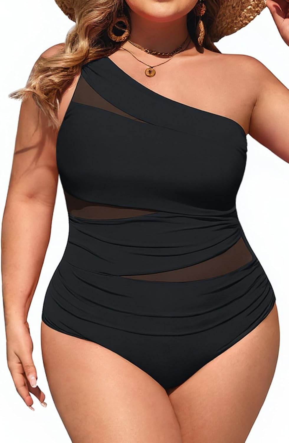 Plus Size One Piece Swimsuit for Women - One Shoulder Bathing Suit | Removable and Adjustable Strap, Detachable pads, Flatter midsection via front mesh, Drape diagonal folds to hide bulk