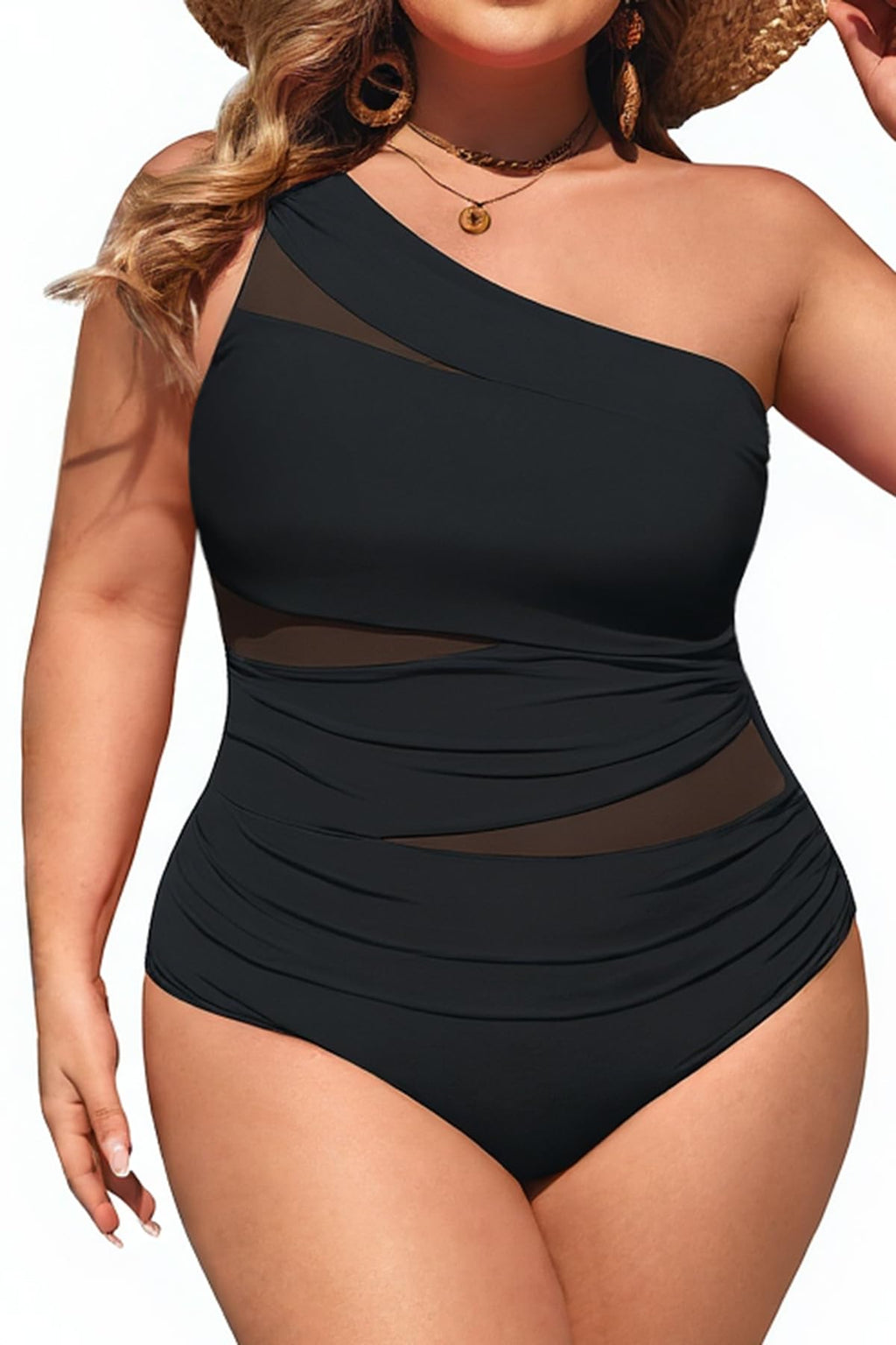 Plus Size One Piece Swimsuit for Women - One Shoulder Bathing Suit | Removable and Adjustable Strap, Detachable pads, Flatter midsection via front mesh, Drape diagonal folds to hide bulk