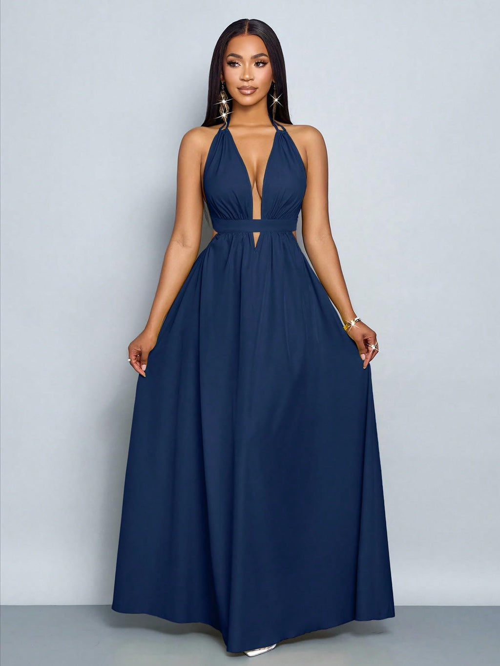 SKAYS Women's Summer Backless Tie-Waist Dress Solid Color Sexy V-Neck Beach Vacation Maxi Dress Formal Party Dress