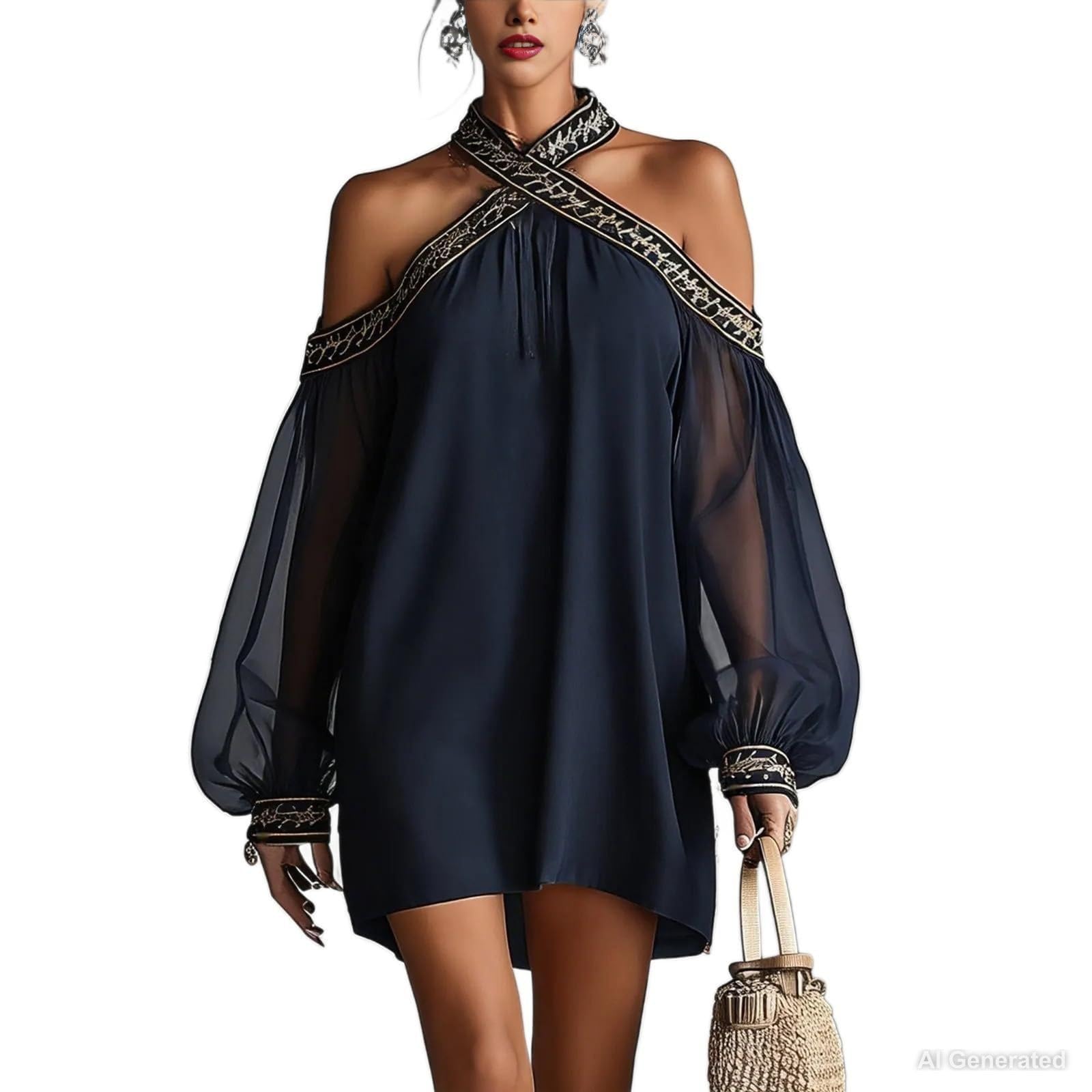 Women's Vintage Boho Chiffon Dress Navy Blue Baroque Print High Neck Irregular Lantern Sleeve Dress Casual Party Vacation