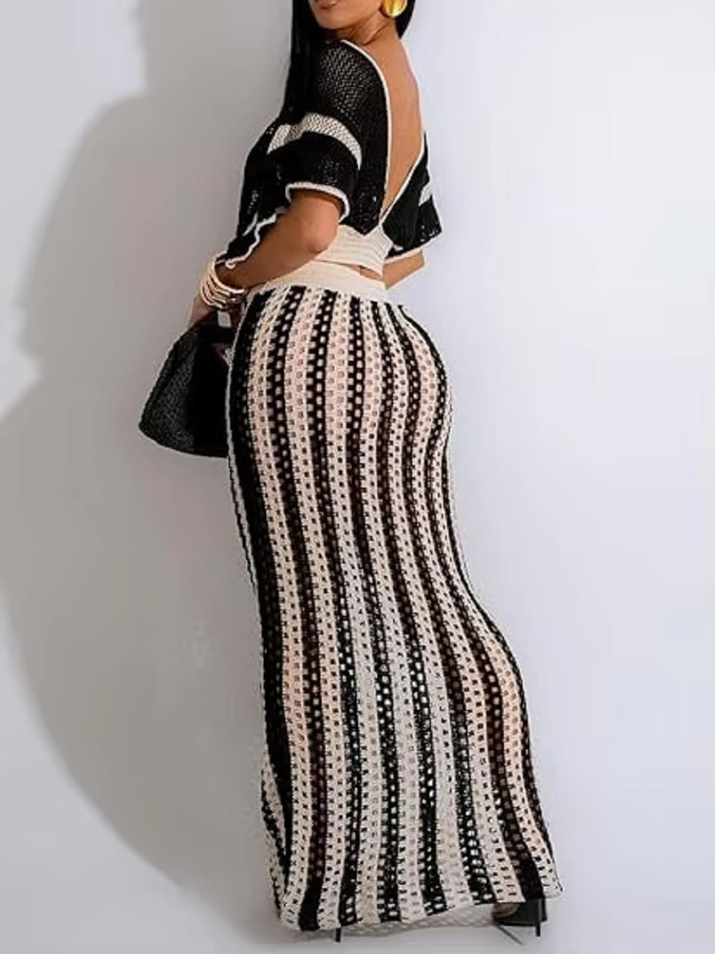 KANSOON Crochet Skirt Set for Women Two Piece Crochet Cover Up | Semi-sheer hollow-out resort layer, tie-front crop top, flattering striped maxi skirt for beach vacation, cruise,poolside