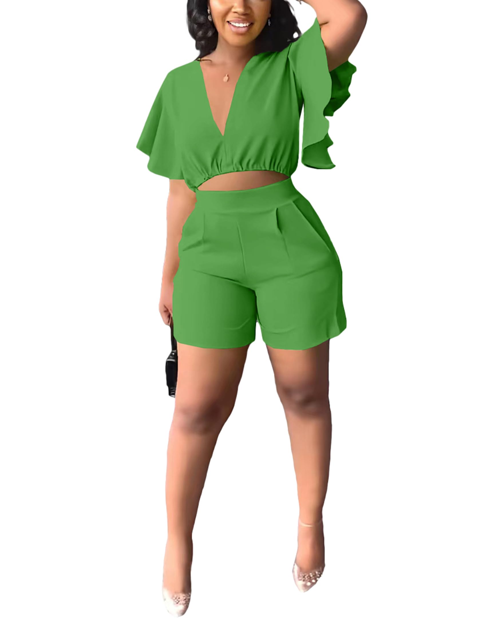 Womens Summer Two Piece Shorts Outfit Sexy Crop Top Butterfly Sleeve 2 pc Short Set Vacation Brunch Matching Set
