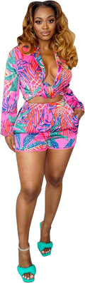 Women 2 Piece Outfit Sexy Printed Crop Top and Shorts Set | Tie Front, Long Sleeve, Matching Set, For Club Party Vacation