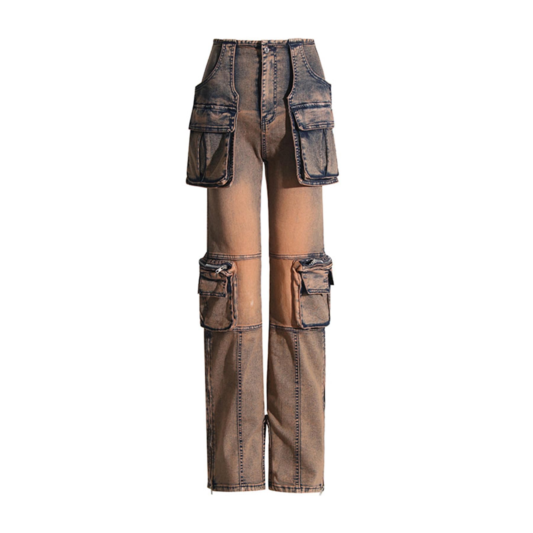 Women's Novelty Fashion Zip Side Slit High Waist Denim Jeans Pants with Multi Pockets