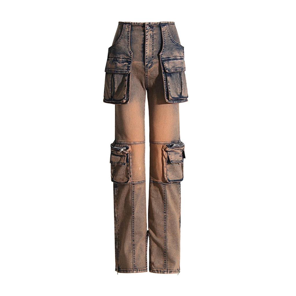 Women's Novelty Fashion Zip Side Slit High Waist Denim Jeans Pants with Multi Pockets