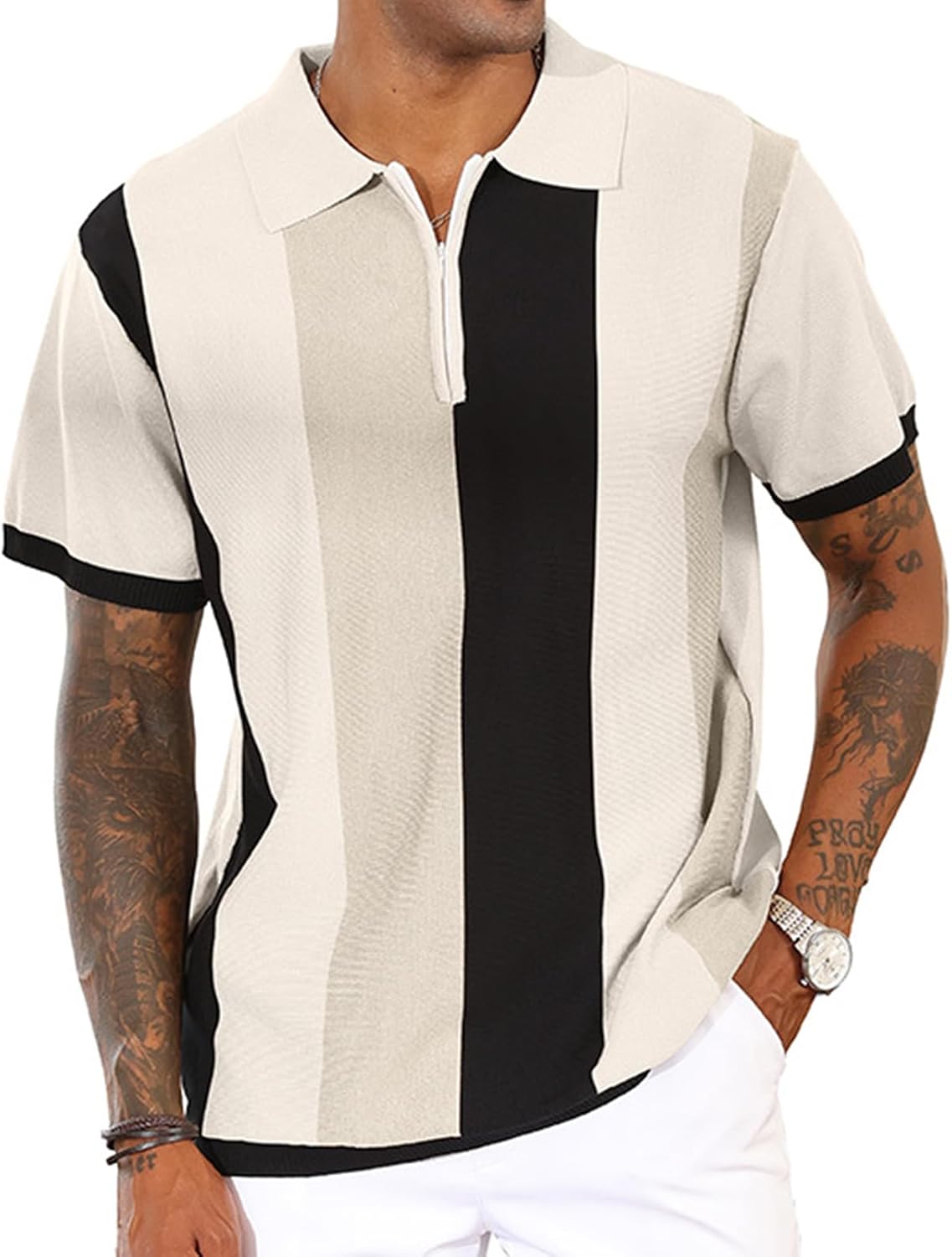 CTU Mens Casual Polo Shirts Vintage Striped Knit Golf Shirts Slim Fit Tops | Fashion,Pullover Dress Shirts,Collared with Zipper,Short Sleeve,Color Blocking,Suit for Daily Casual,Business,Work,Golf