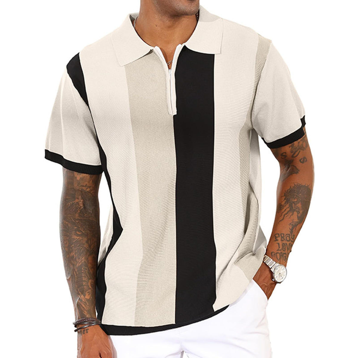 CTU Mens Casual Polo Shirts Vintage Striped Knit Golf Shirts Slim Fit Tops | Fashion,Pullover Dress Shirts,Collared with Zipper,Short Sleeve,Color Blocking,Suit for Daily Casual,Business,Work,Golf