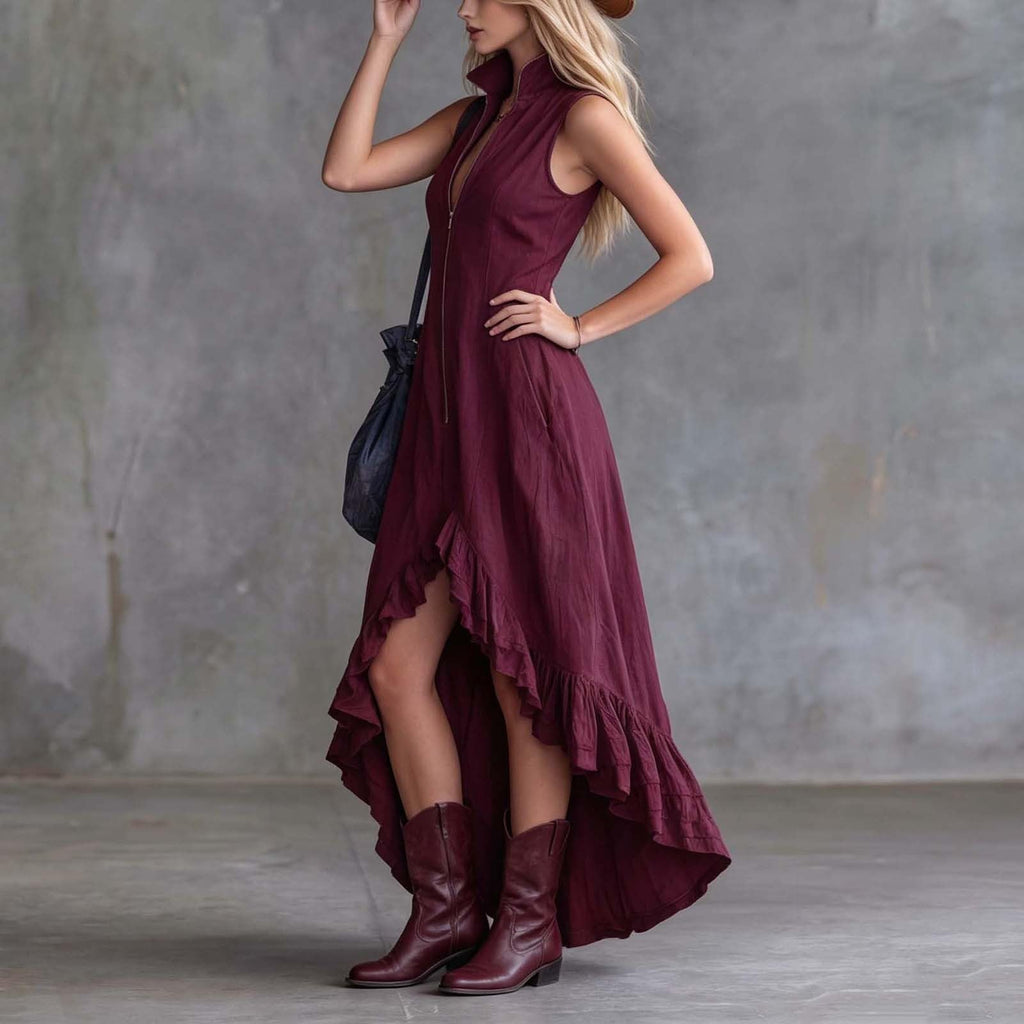 YMADREIG Boho Dresses for Women 2026 Cotton Linen Western Maxi Dress Summer Sleeveless High Low Ruffle Hem Dress with Pocket