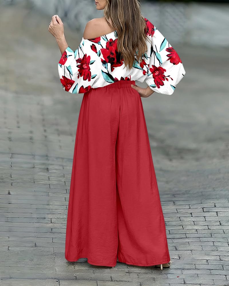 CHICME Women 2 Piece Summer Outfit Off Shoulder Flowy Wide Leg Pants Set | Off Shoulder, Lantern Sleeve Matching Set, 2 Piece Sets for Women Dressy, Vacation Travel Airport Outfits