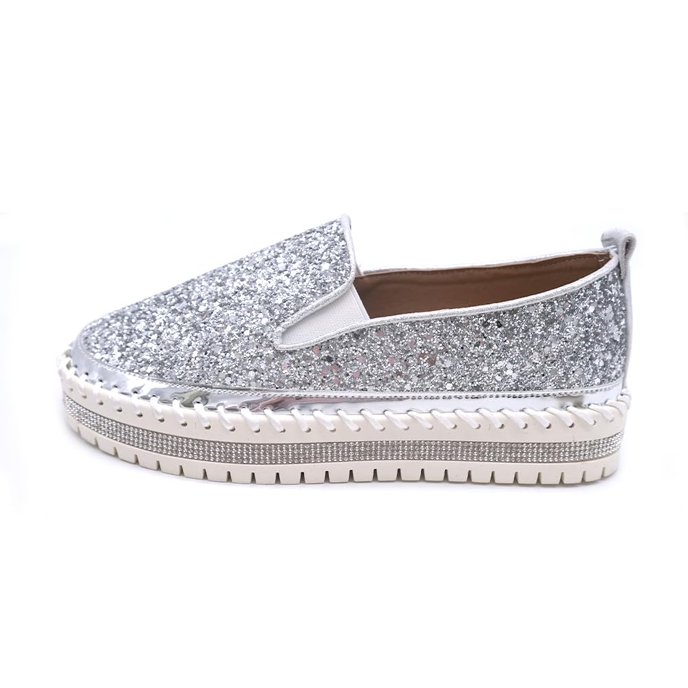 Women's Platform Rhinestones Glitter Fashion Sneakers Comfortable Slip On Flat Loafers Walking Wedding Dress Shoes Casual Shoes
