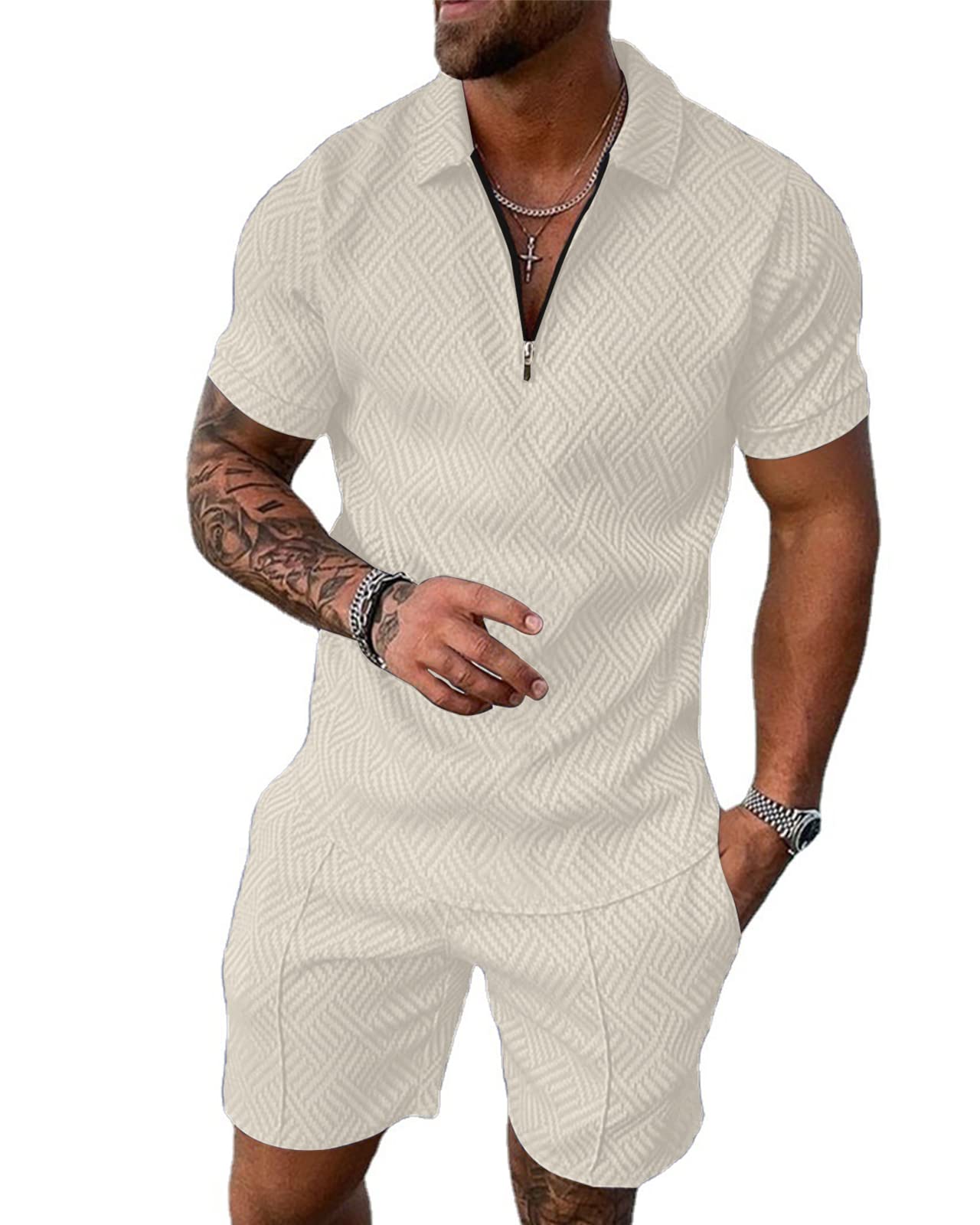 Aulemen Mens 2 Piece Zip Tracksuit Short Sleeve Set Summer Outfits for Men | Polo Shirt and Shorts Sets Activewear Short Set