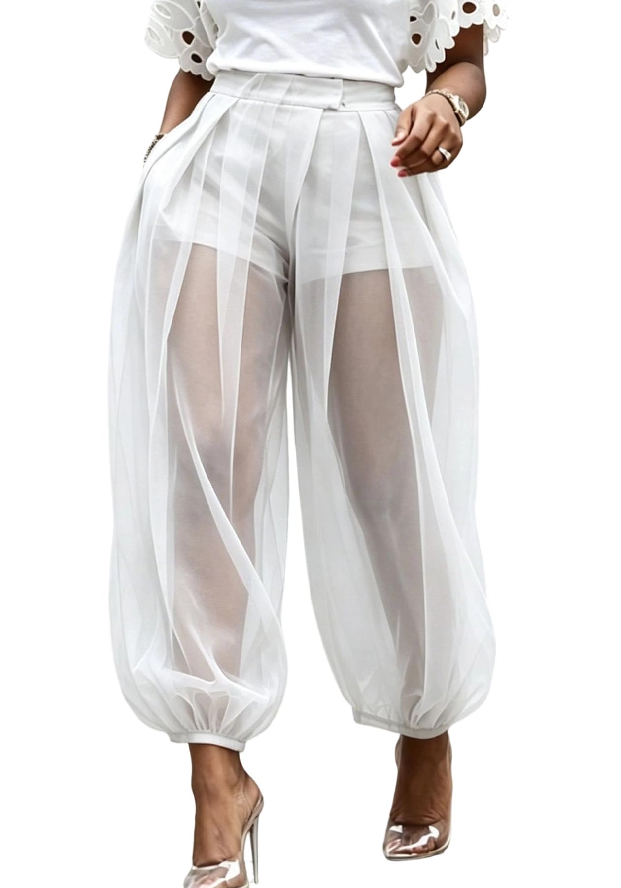 Molisry Women Sheer Mesh Pants Bubble Tulle Patchwork Pants Balloon Trouser | Loose Fit Cover Up Trousers,Built In Shorts Lining