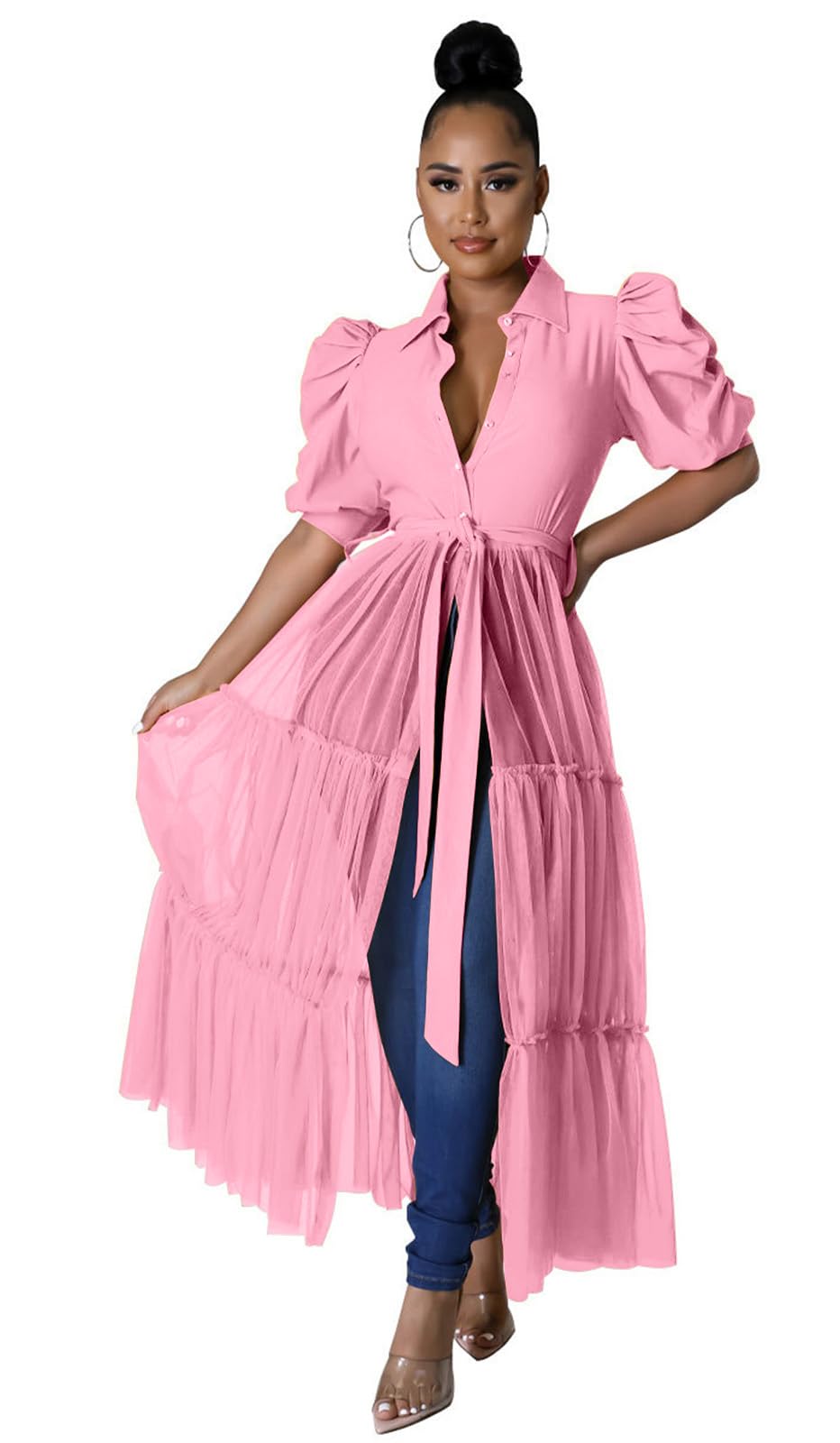 Ekaliy Women's Ruffle Blouse Shirt Asymmetrical Tunic Dress with Belt | Short sleeve,Bodycon,Ruffle,Club ,Party outfits,Asymmetrical Irregular Hem,Tops Blouse Shirt Dress