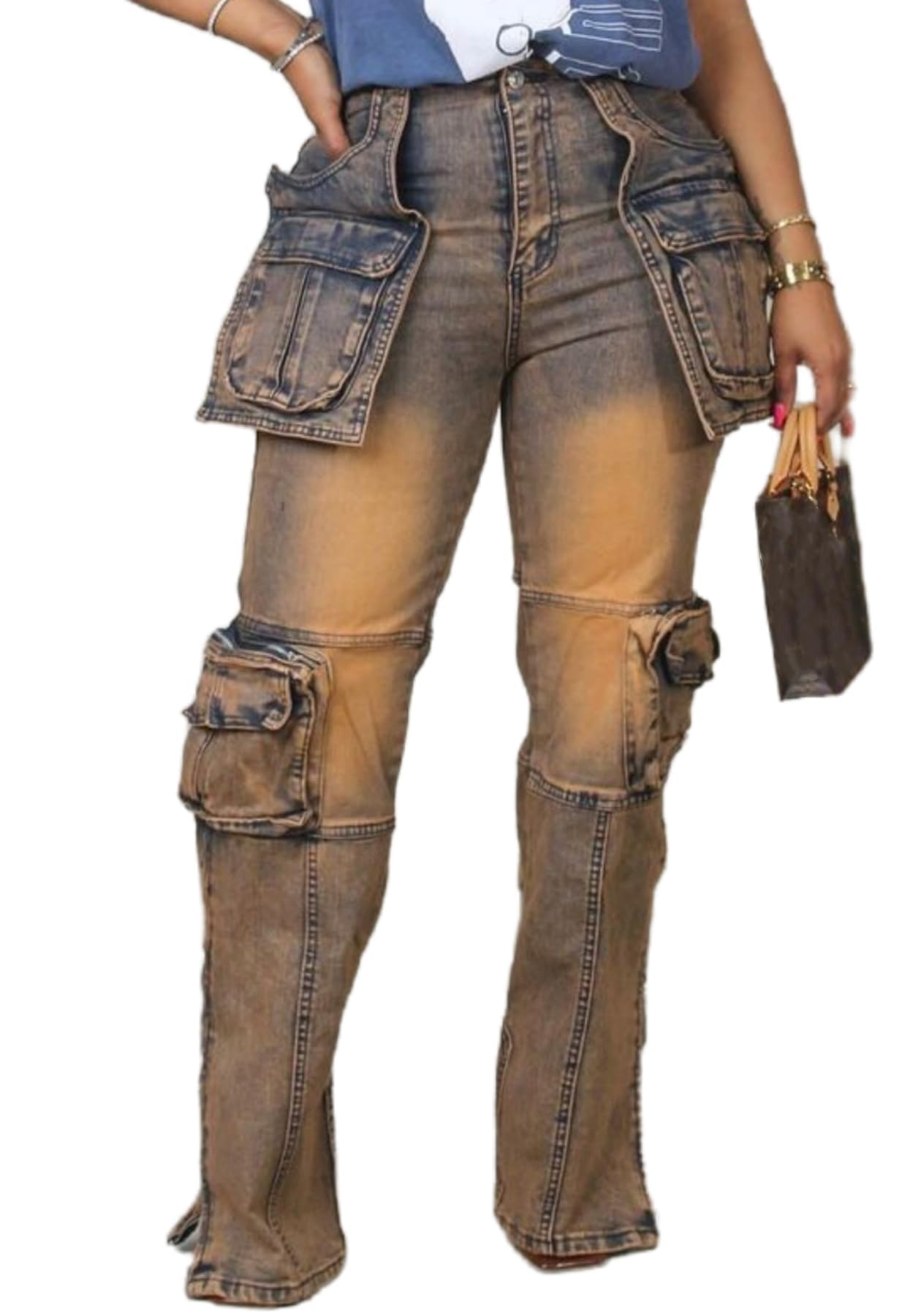 Women's Novelty Fashion Zip Side Slit High Waist Denim Jeans Pants with Multi Pockets