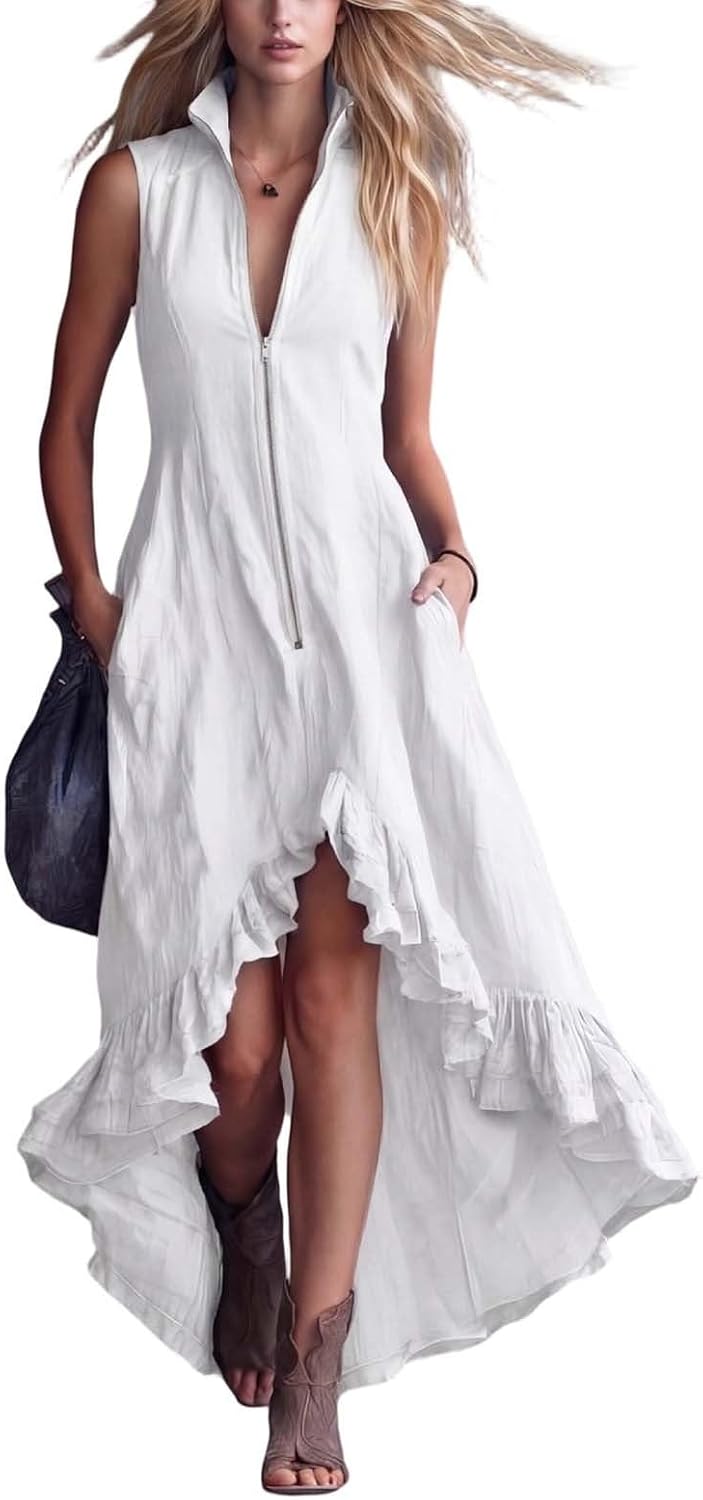 YMADREIG Boho Dresses for Women 2026 Cotton Linen Western Maxi Dress Summer Sleeveless High Low Ruffle Hem Dress with Pocket