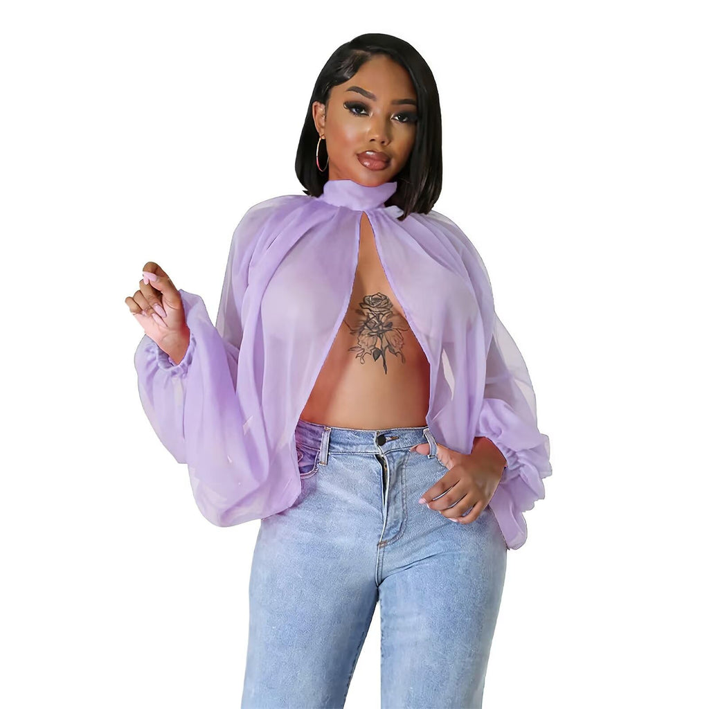 acelyn Women's Sexy See Through Chiffon Sheer Blouses Tops | Lantern Sleeve, Front Back Open, High Neck, Self Tie, Shawl Casual Shirts,Blouses Tops