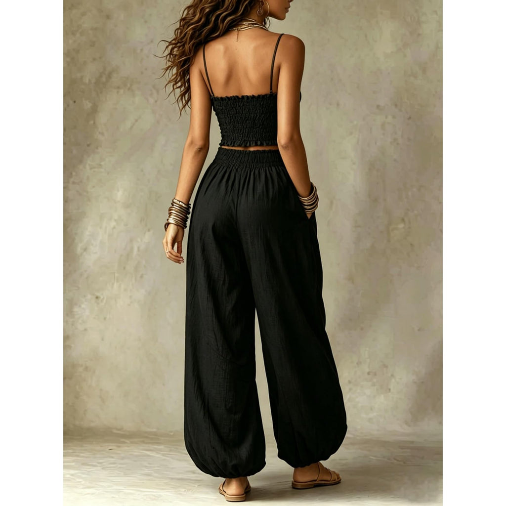 2 Piece Outfit for Women Sleeveless Crop Top and Wide Leg Pants Set Summer Loose Smocked Casual Beach Matching Sets
