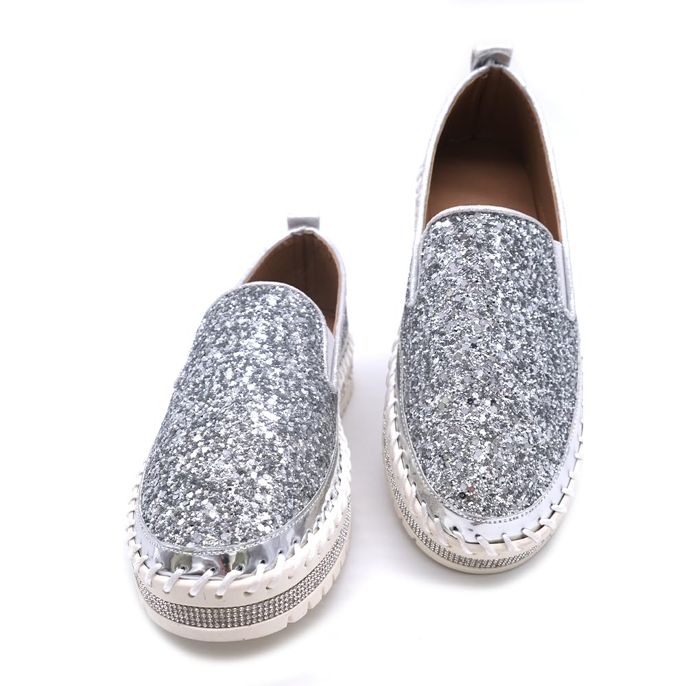 Women's Platform Rhinestones Glitter Fashion Sneakers Comfortable Slip On Flat Loafers Walking Wedding Dress Shoes Casual Shoes