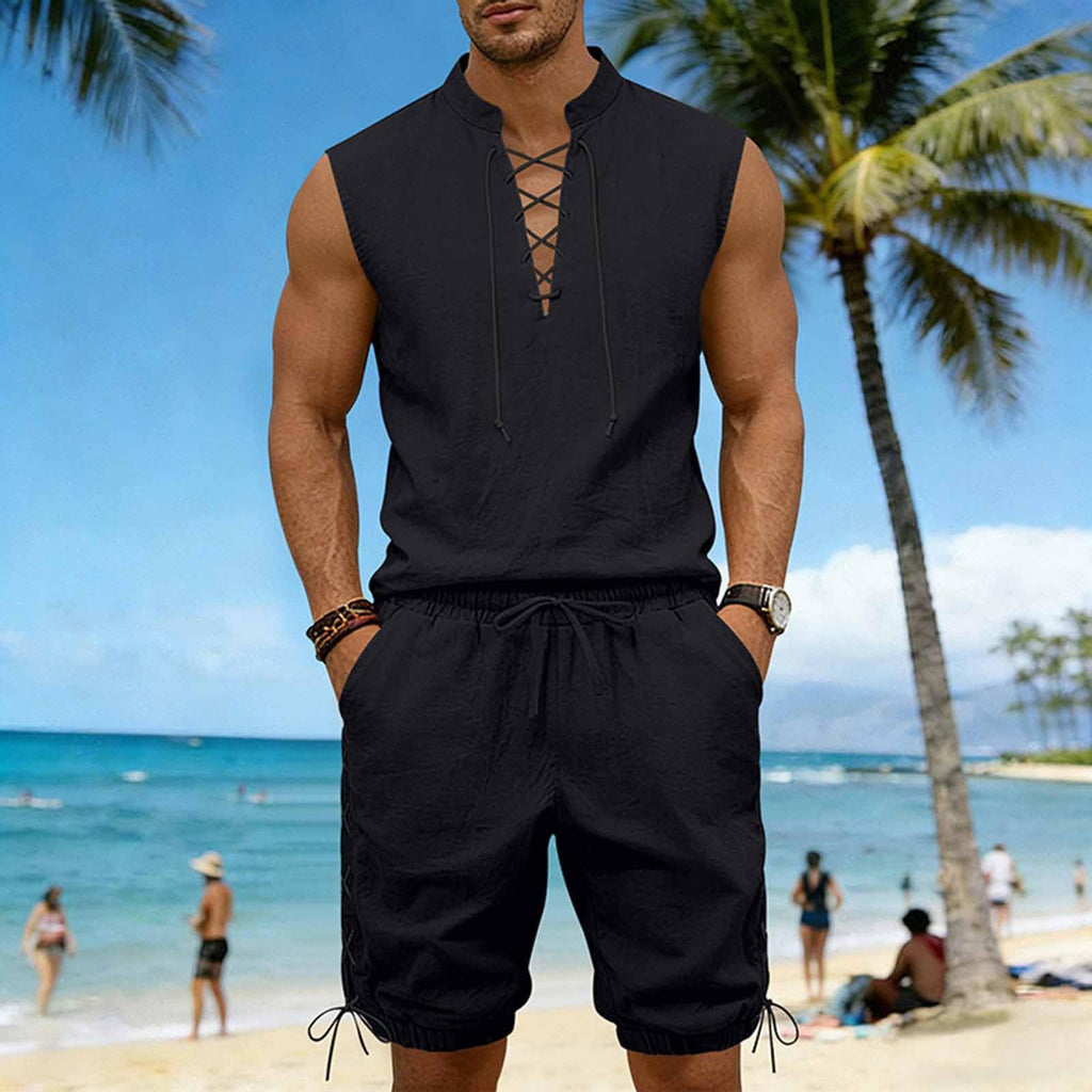 Cambkatl 2 Piece Outfits for Men Lightweight Linen Shorts Set Laceup V Neck Sleeveless Tank Top Matching Sets with Pockets