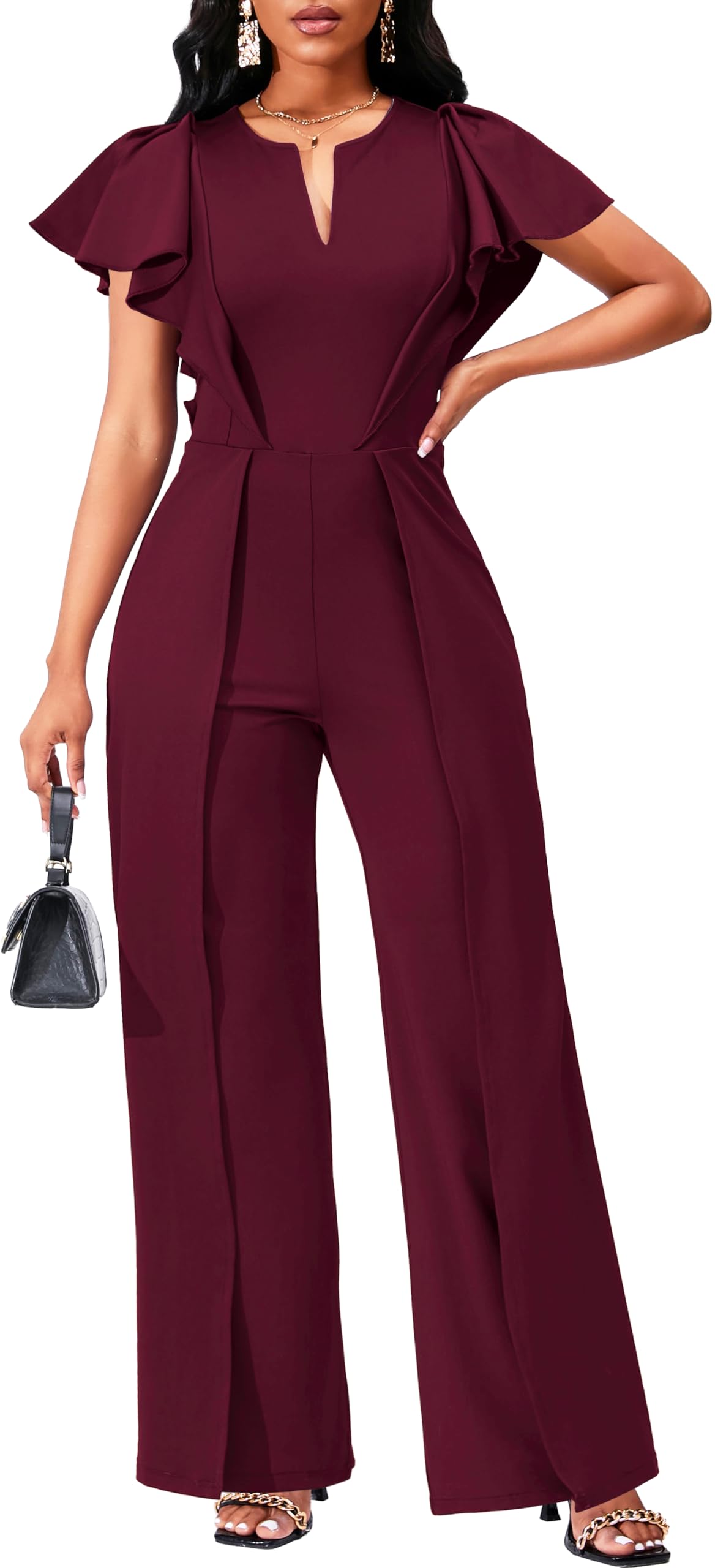 SxClub Jumpsuits for Women Dressy Formal Ruffle Long Straight Pants Jumpers | Women's Wedding Guest Jumpsuit Casual Ruffles Cap Short Sleeve Wide Leg Pants Club Outfit