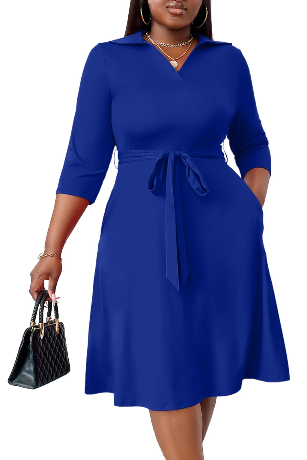 FANDEE Plus Size Midi Dress for Women Casual - Fit and Flare Summer Dresses | Semi Formal,African Print,Polo Collar Cocktail Dress,With Pockets And Belt