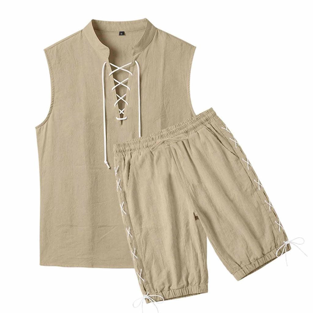 Cambkatl 2 Piece Outfits for Men Lightweight Linen Shorts Set Laceup V Neck Sleeveless Tank Top Matching Sets with Pockets