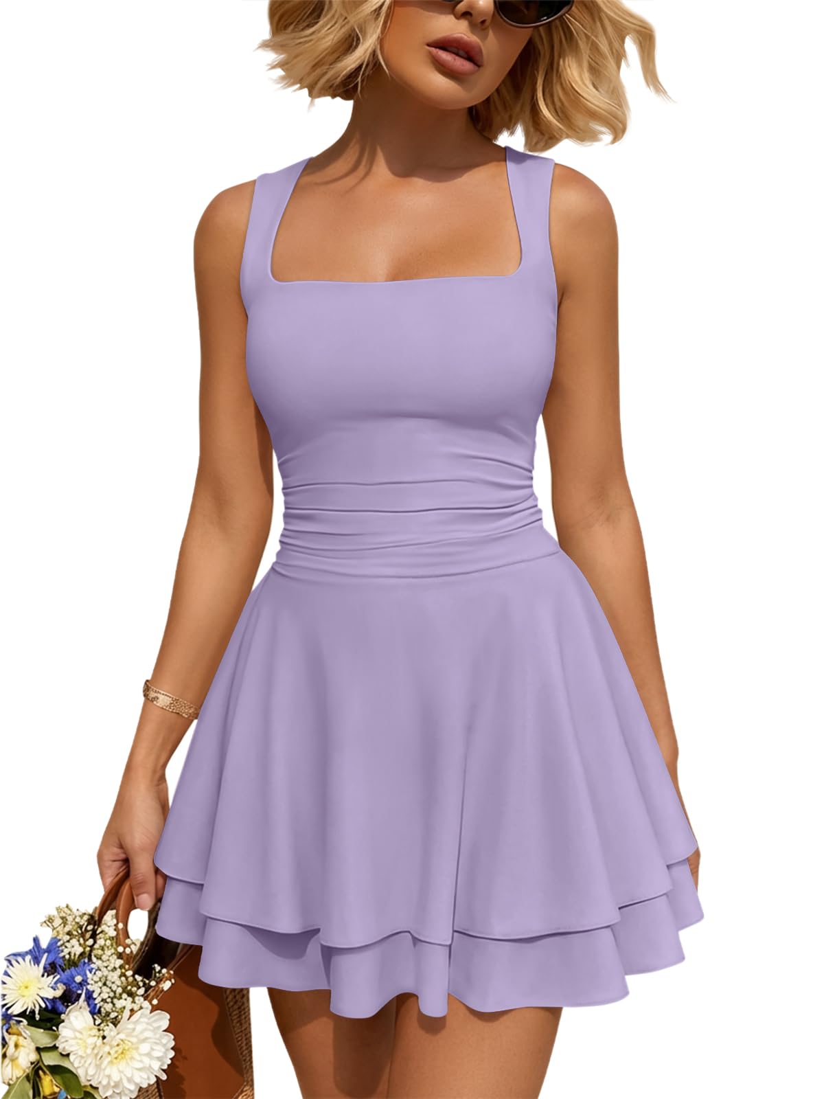 Trendy Queen Women Mini Summer Party Homecoming Beach Vacation Sun Dresses | Birthday Square Neck Flowy Short Sundress, 2026 Cruise Outfits, Athletic Cute Clothes, Date Night Club Resort Wear