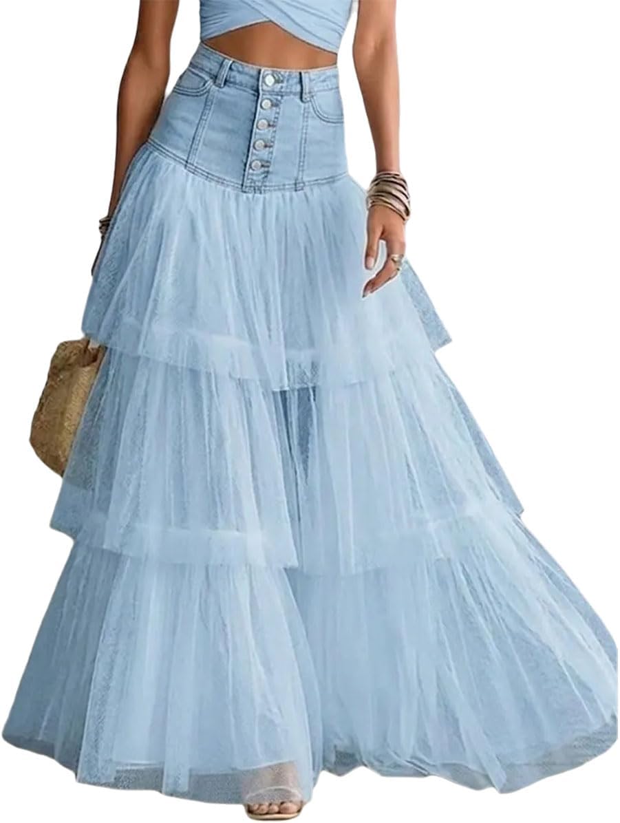 Maxi Skirt for Women Summer Denim Patchwork High Waist Tulle Tiered Flowy Party Club Long Skirts