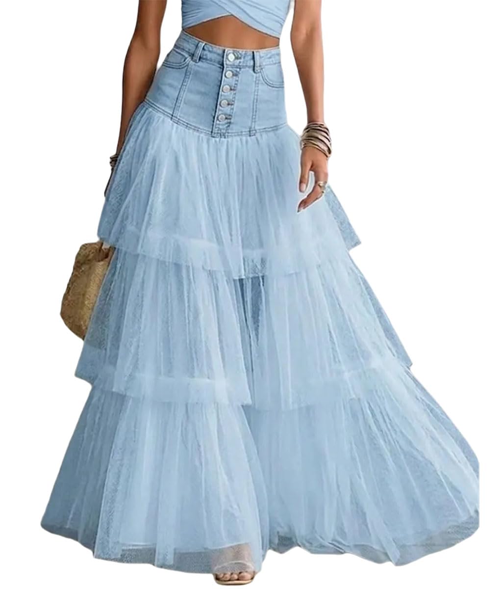 Maxi Skirt for Women Summer Denim Patchwork High Waist Tulle Tiered Flowy Party Club Long Skirts