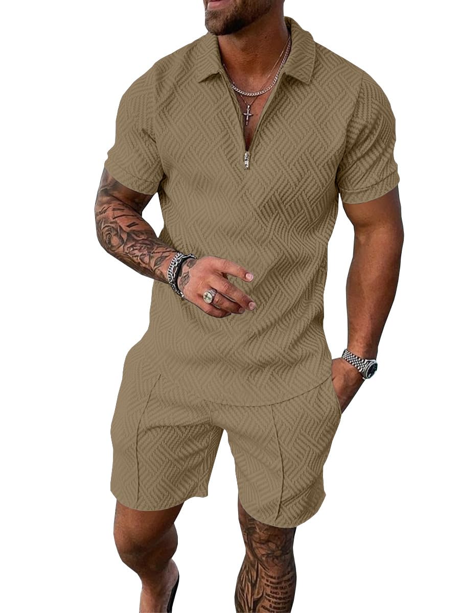 Mens Summer Track Suits 2 Piece Shorts Sets Short Sleeve Sweatsuit Outfits 1/4 Zip Golf Polo Shirts Loungewear