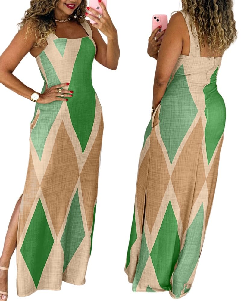 CHICME Maxi Dresses for Women Strap Square Boho Dress | Thick Strap Sundresses for Women, Split Summer Dress with Pockets, Travel, Vacation, Beach Dress Cruise 2026