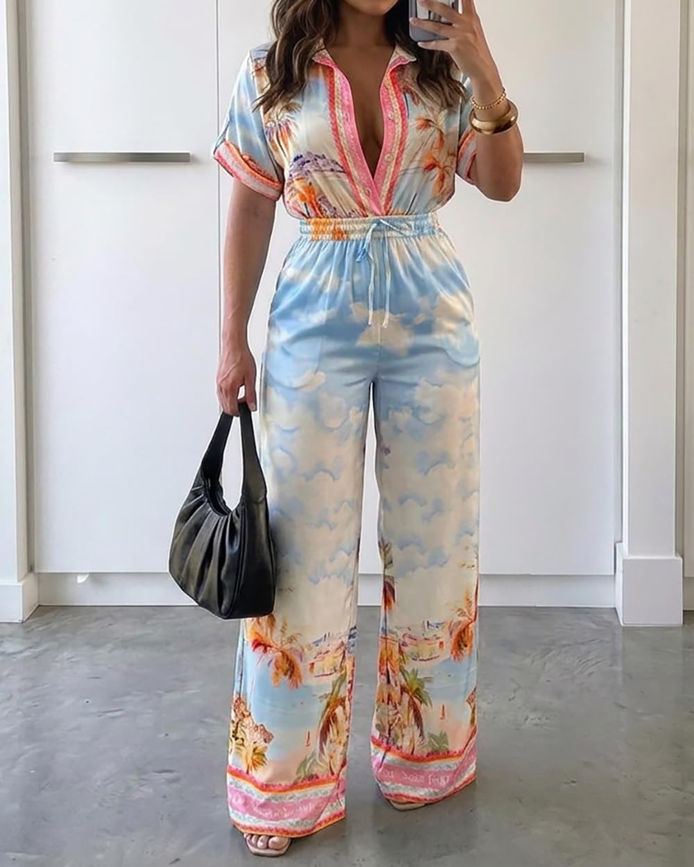 CHICME Womens Jumpsuit Boho Floral Wide Leg Vacation Outfit | Long Pant Rompers with Pockets,Roll Up Short Sleeve,Button Front,Drawstring High Waist,One Piece,Casual,Summer Beach