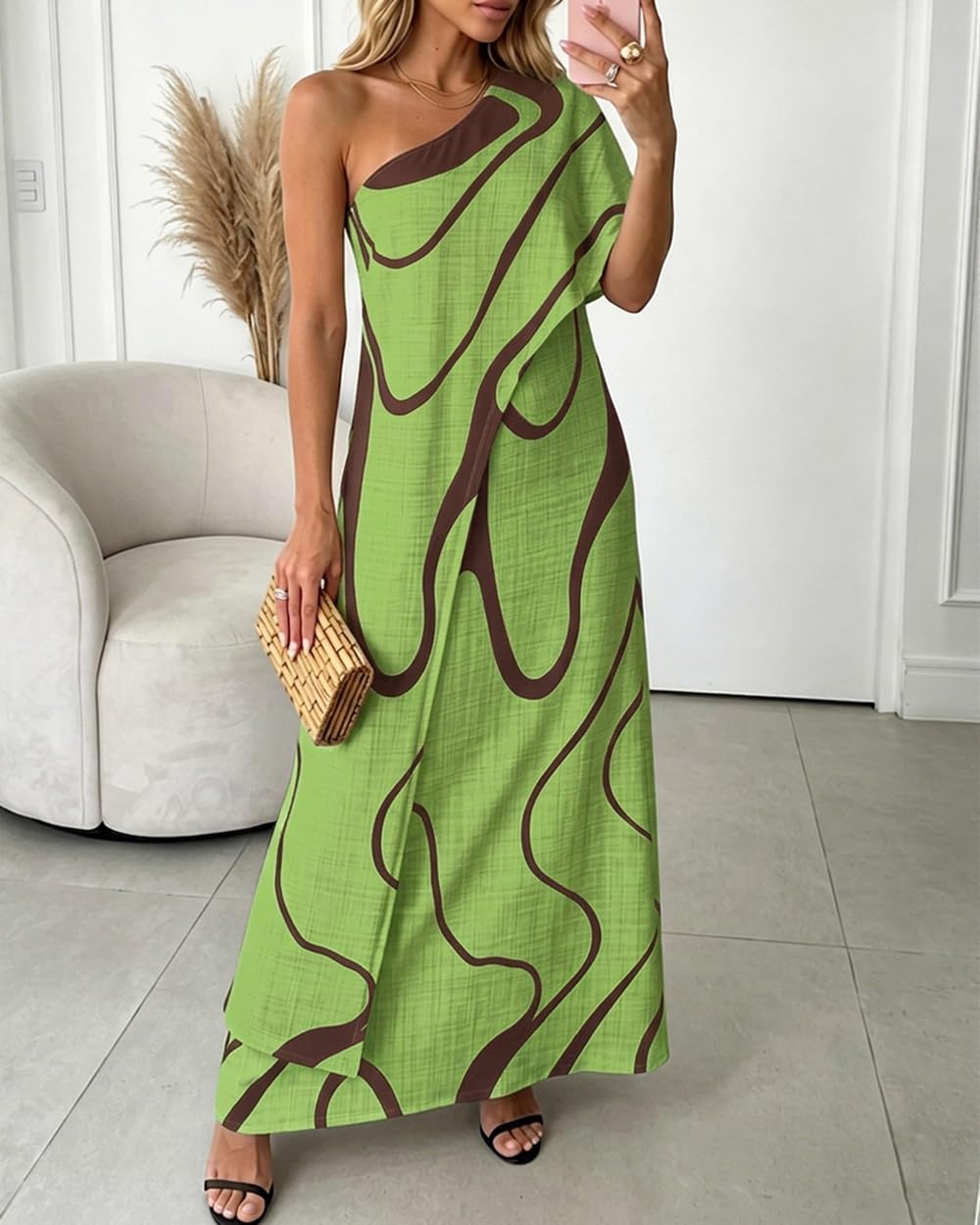 CHICME Maxi Dresses for Women Abstract Print Summer Dress | Womens Summer Dresses, One Shoulder Boho Dress with Pockets, Faux 2 Piece Casual Dresses, Vacation, Beach Dress Wedding Guest