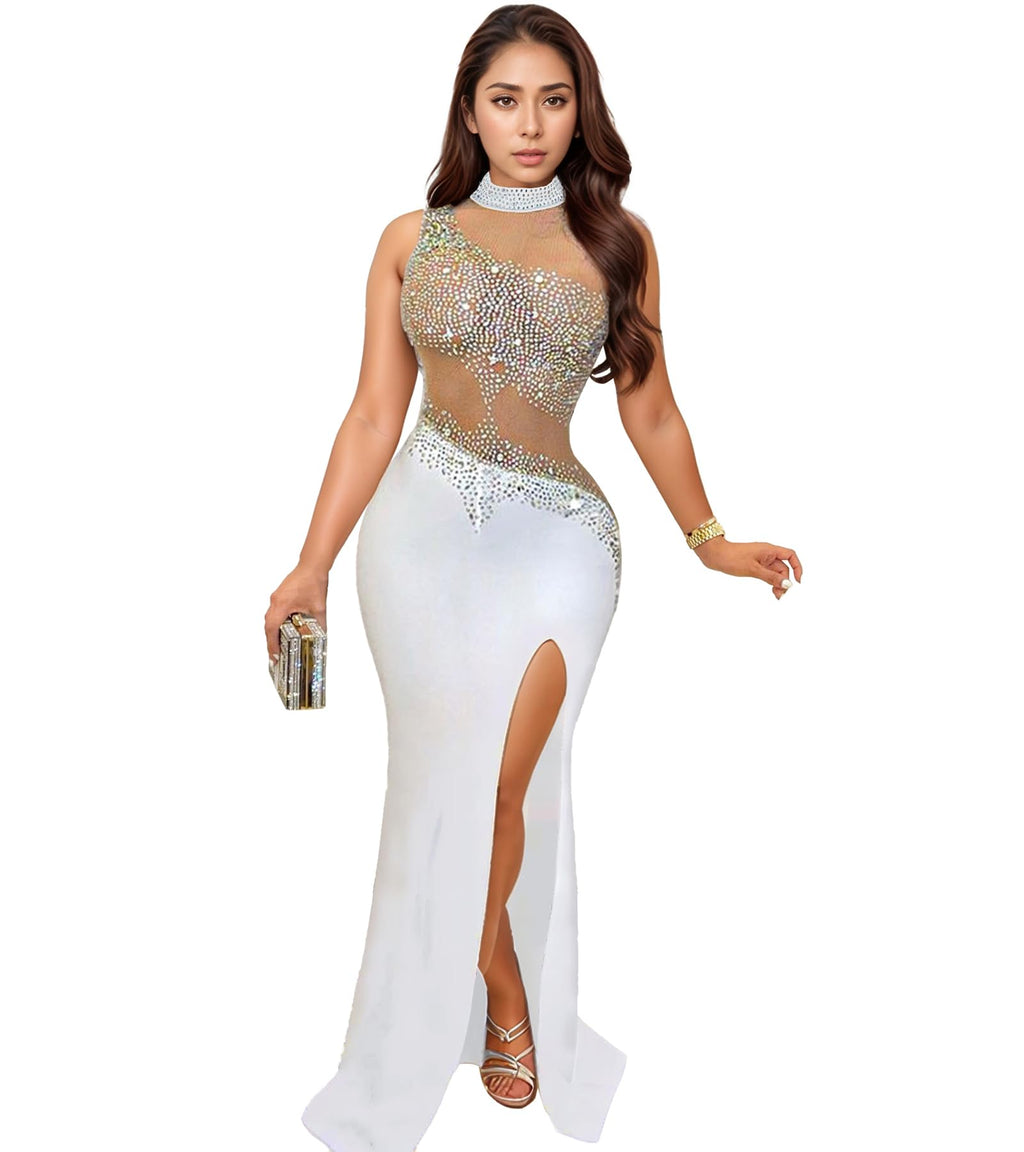 PORRCEY Women's Sexy Elegant Rhinestone Bodycon Dress Hot Drilling Clubwear