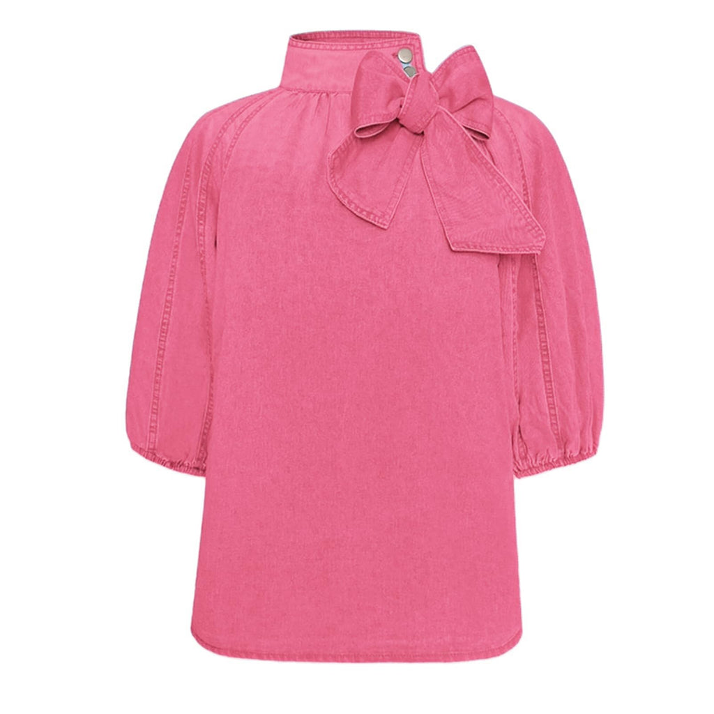 Women's Bow Design Denim Pullover Top Button Up High Neck Fashionable Jacket with Elastic and Puff Sleeves