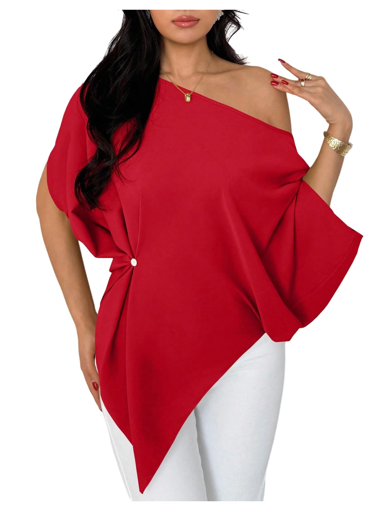 SHENHE Women's Off Shoulder Dolman Sleeve Blouses Asymmetrical Flowy Tops | Casual, Loose, Blouses With Waist Pleats, Asymmetrical, Elegant