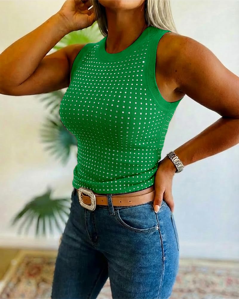 CHICME Women's Sleeveless Rhinestone Tank Tops Summer Sparkly Ribbed Tops | Basic Tank Tops for Women, Sleeveless Sparkly Tops, Ribbed Knit Fabric, Slim Fit Party Concert Y2K Outfit