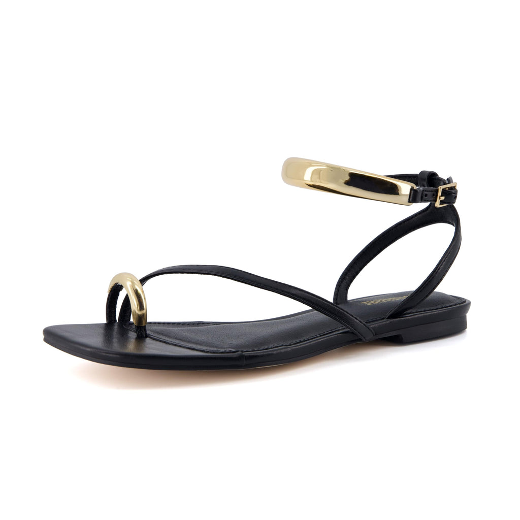CUSHIONAIRE Secret Flat Sandals for Women with Gold Ankle Cuff and Toe Ring Strap, Vegan Leather Dress Sandals