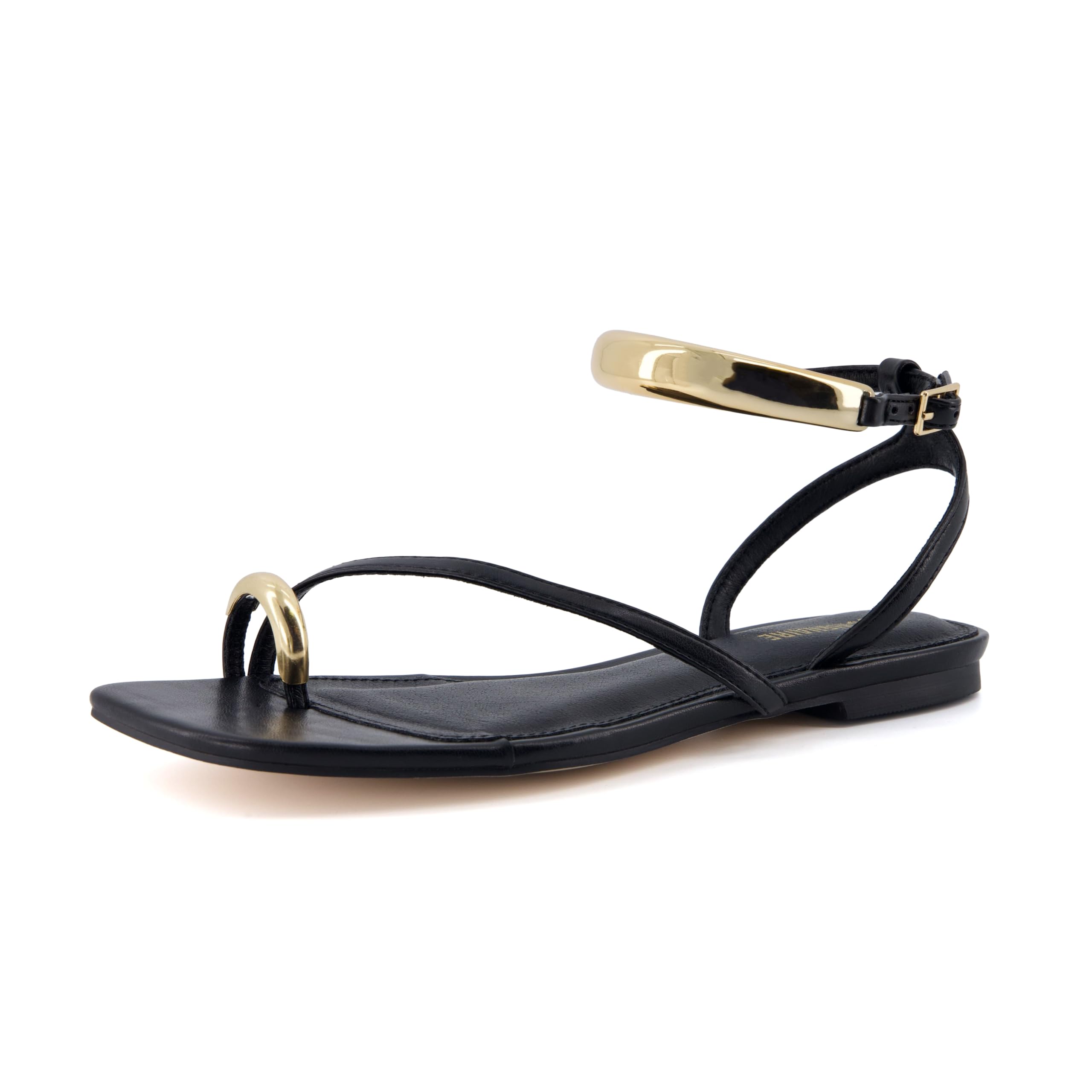 CUSHIONAIRE Secret Flat Sandals for Women with Gold Ankle Cuff and Toe Ring Strap, Vegan Leather Dress Sandals
