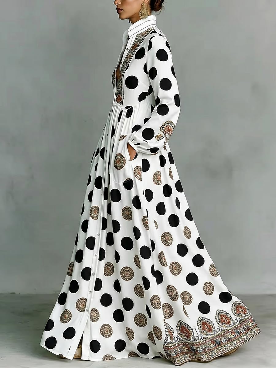 Women's Maxi Shirt Dresses Long Sleeve Button Down Dress with Pockets | Black and White Polka Dot Dress with Stand Collar Button Down Ethnic Trim Boho A-Line Flowy Casual Beach Vacation Dresses