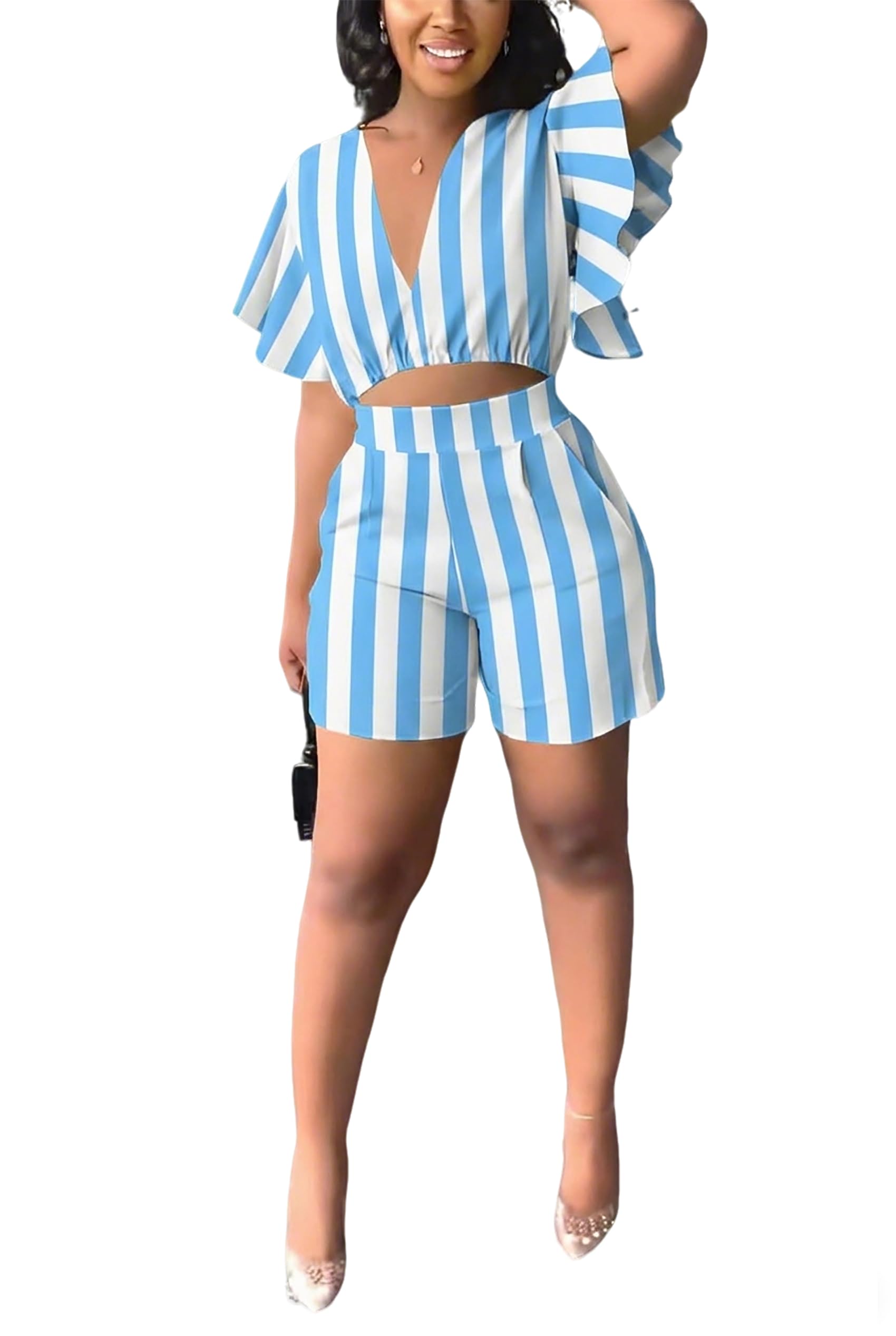 Womens Summer Two Piece Shorts Outfit Sexy Crop Top Butterfly Sleeve 2 pc Short Set Vacation Brunch Matching Set