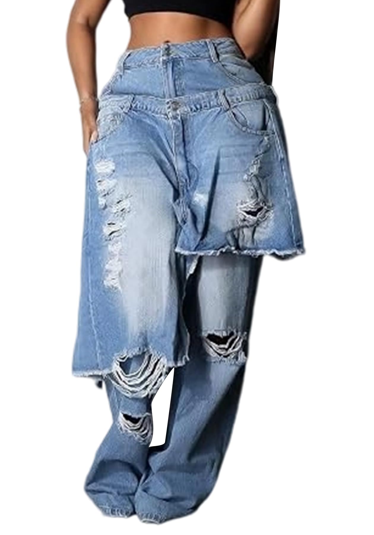 LKOUS Women's Ripped Baggy Jeans High Waist Wide Leg Patchwork Streetwear | Distressed, cutout, Y2K, hip hop, stretchy, soft, pocket, casual, concert, vintage. Machine wash
