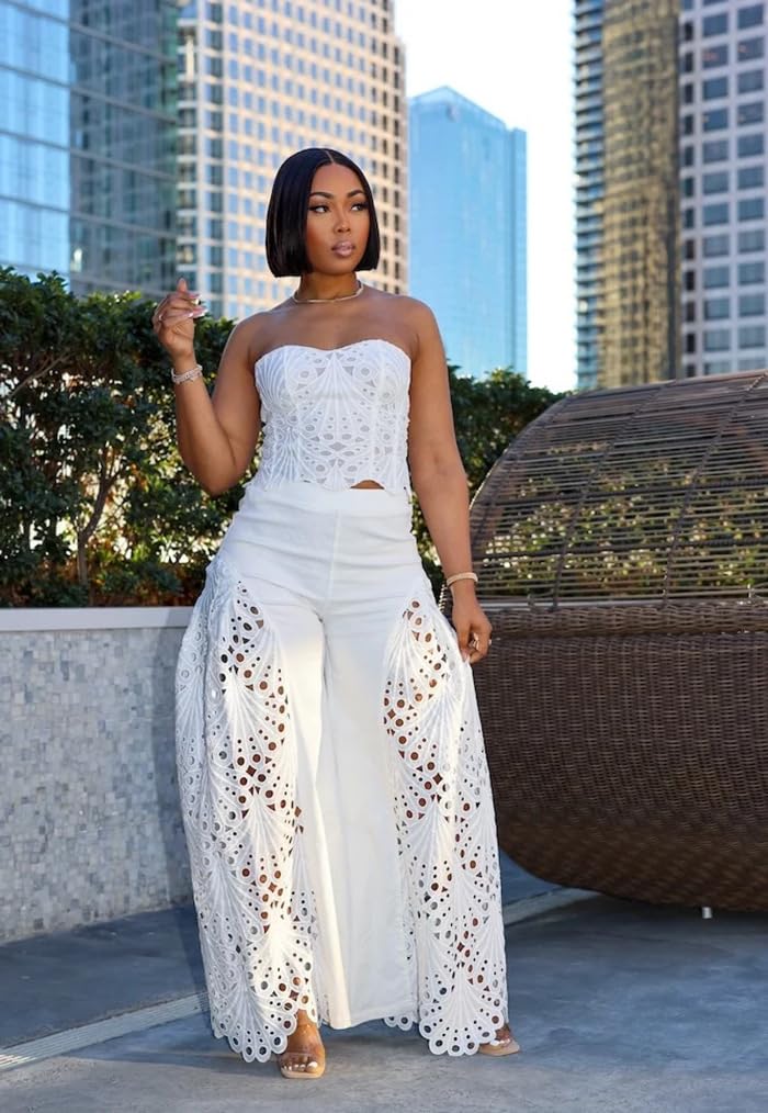 Mandonce 2 Piece Sets for Women Off Shoulder Lace Tube Top and Lace Flowy Wide Leg Pants Beach Vacation Sexy Outfit Going Out