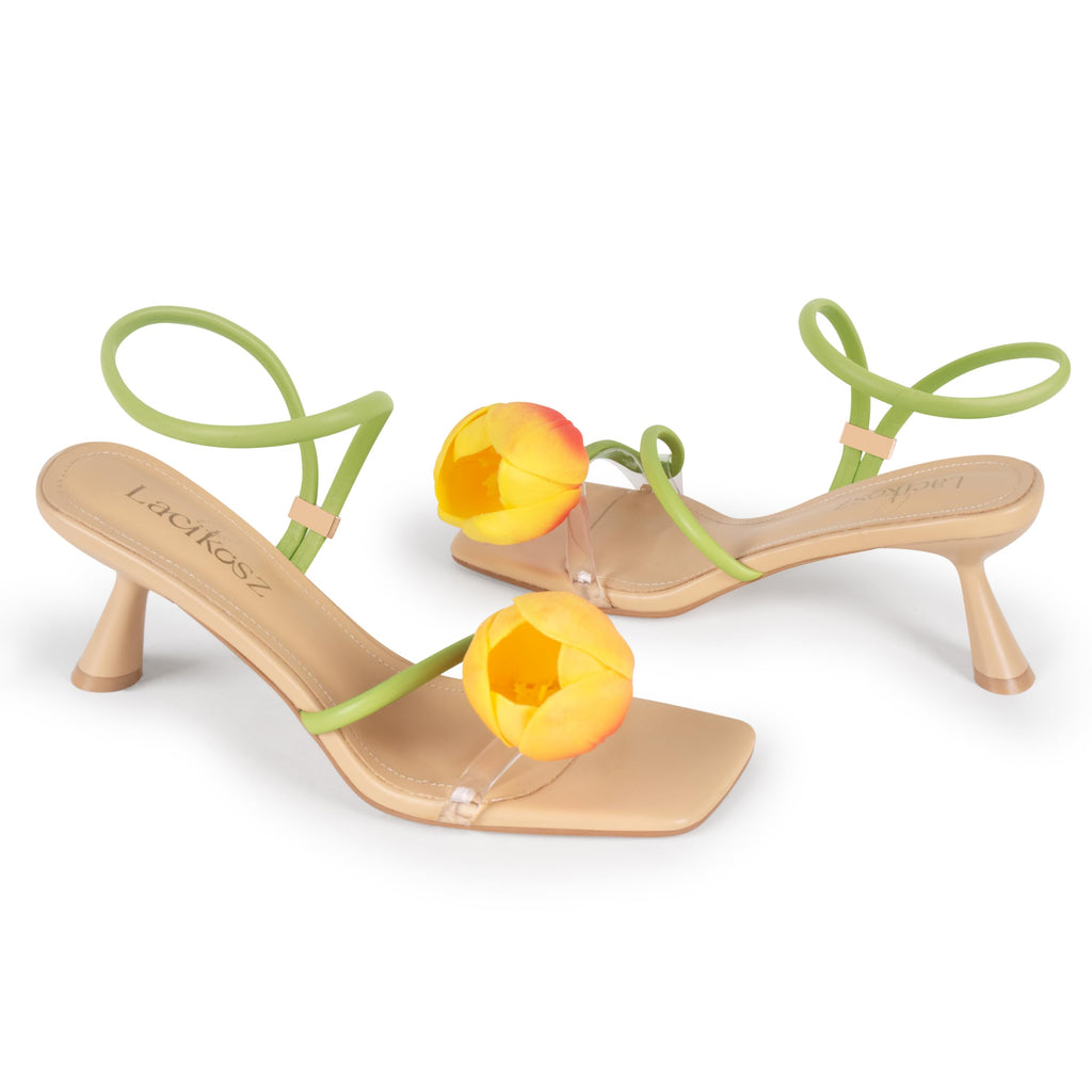 LACIKOSZ Flower Kitten Heel Sandals for Women Calla Lily Green Heels Square Open Toe Floral Strappy Low Heel Sandals Summer Dressy Wedding Shoes