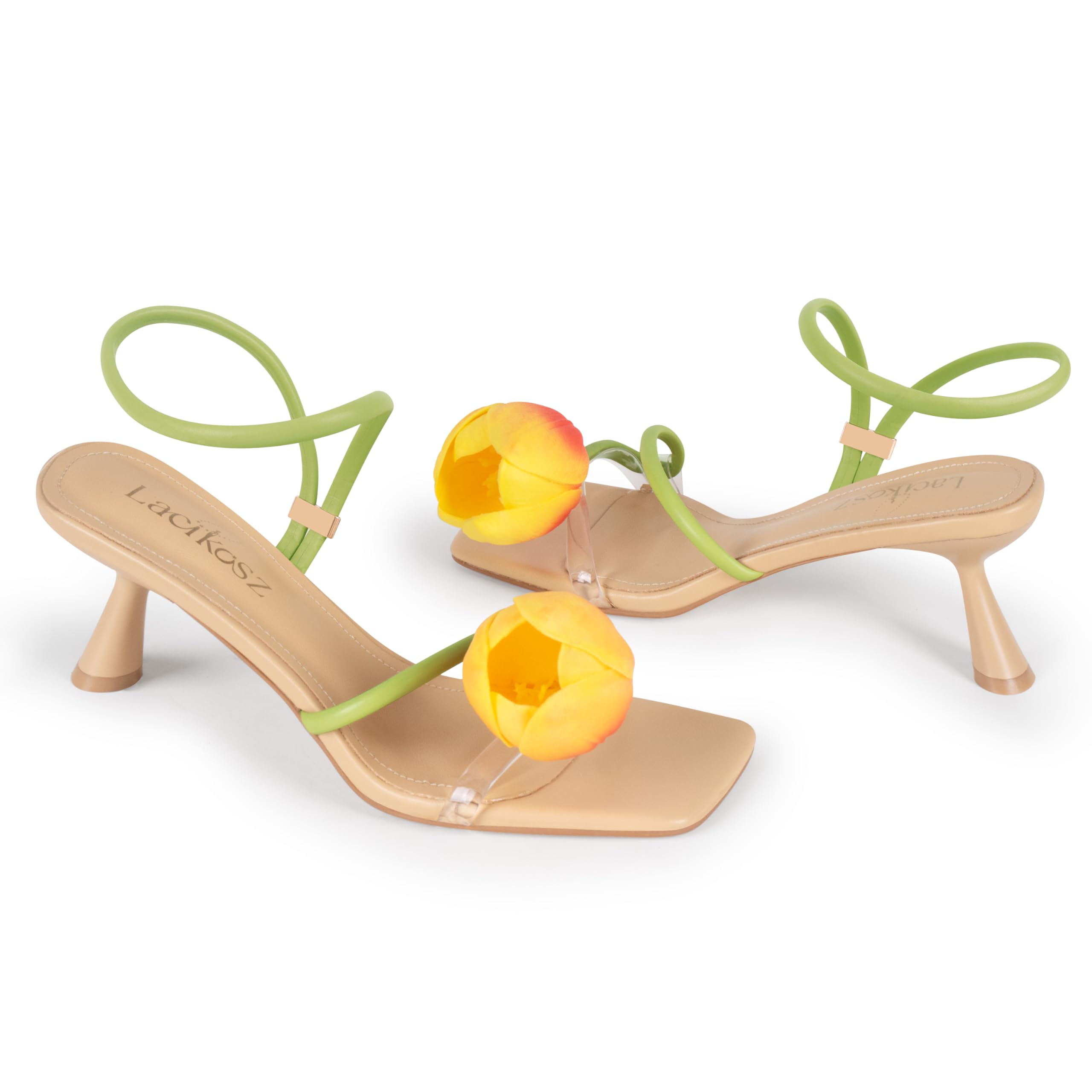 LACIKOSZ Flower Kitten Heel Sandals for Women Calla Lily Green Heels Square Open Toe Floral Strappy Low Heel Sandals Summer Dressy Wedding Shoes